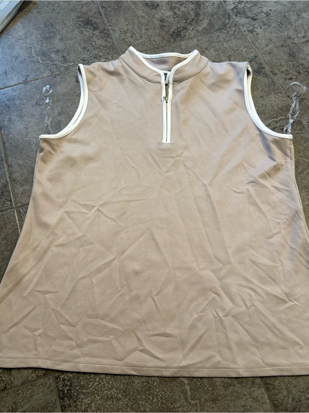 🥦Sleeveless Mock Neck Zip Anne Klein Polo - Taupe with White Trim